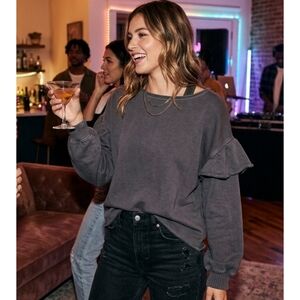 Aerie Ruffle Sleeve Sweatshirt Dark Gray Size S